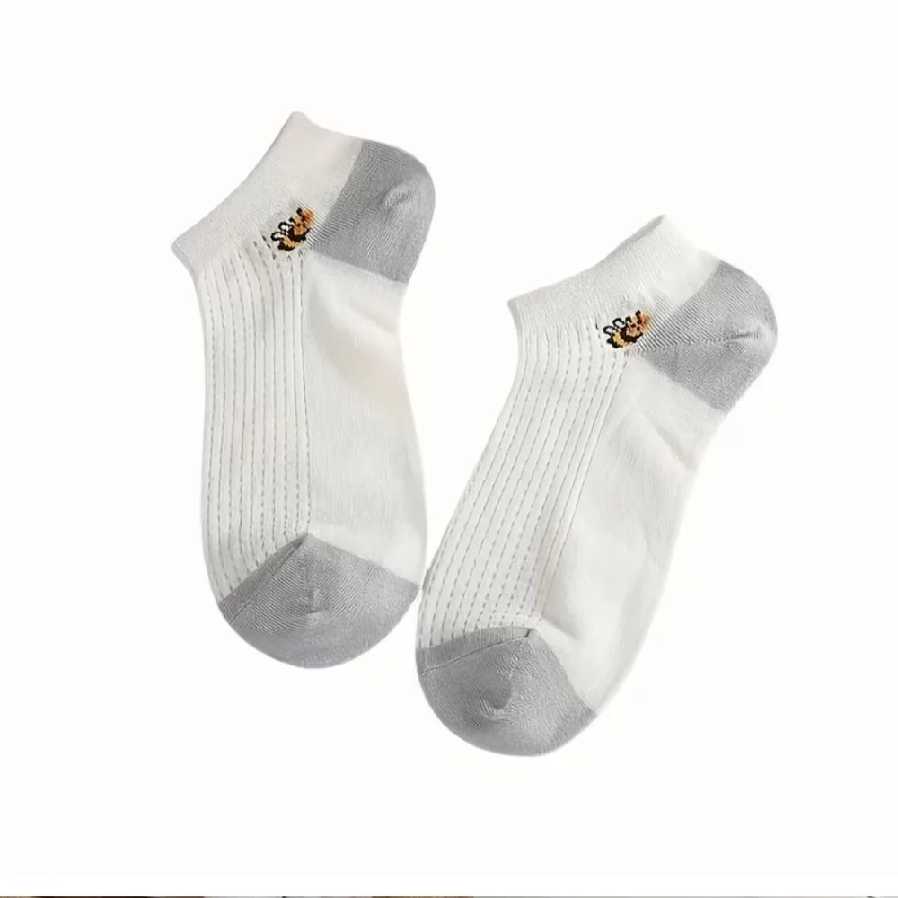 5 Pairs Bee & Floral Socks, Simple Japanese Style Low Cut Ankle Socks